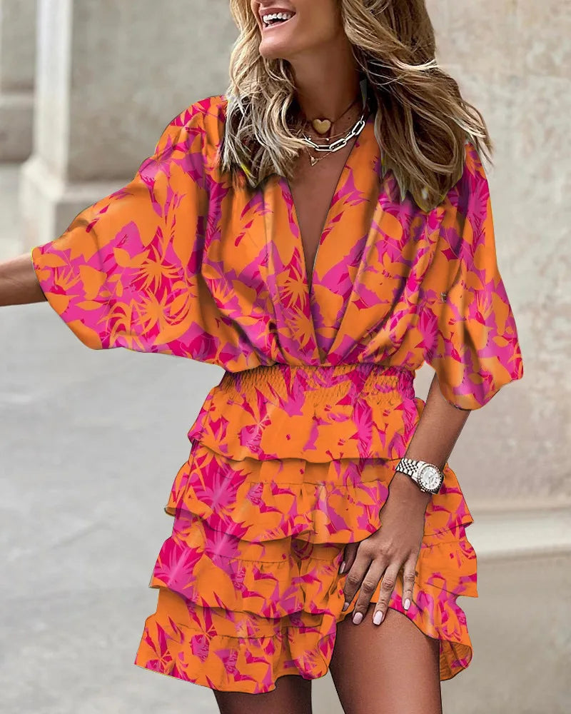 CM | Minivestido informal de mujer con cuello en V, mangas murciélago y dobladillo con volantes para el verano y las fiestas