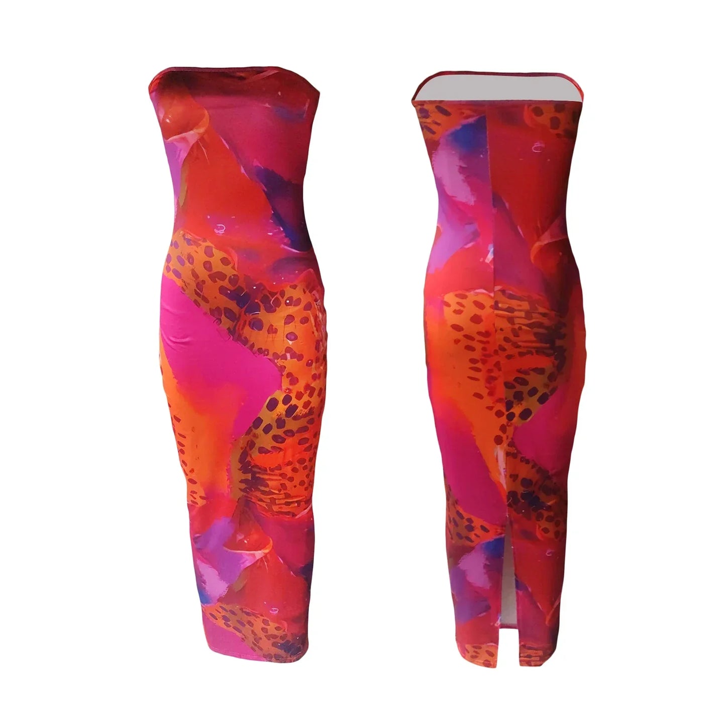 CM | Vestido maxi sin tirantes con colorido estampado de leopardo