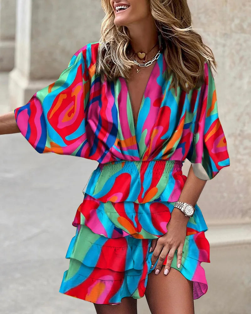 CM | Minivestido informal de mujer con cuello en V, mangas murciélago y dobladillo con volantes para el verano y las fiestas