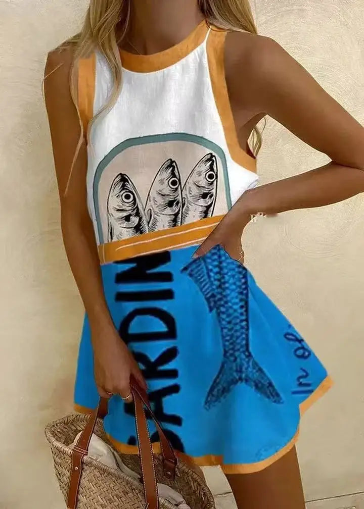 CM | Mujeres Puzzle Imprimir Verano Vestido Sin Mangas Sobre la Rodilla Mini Vestido Casual Tank Top Vestido de playa para las mujeres