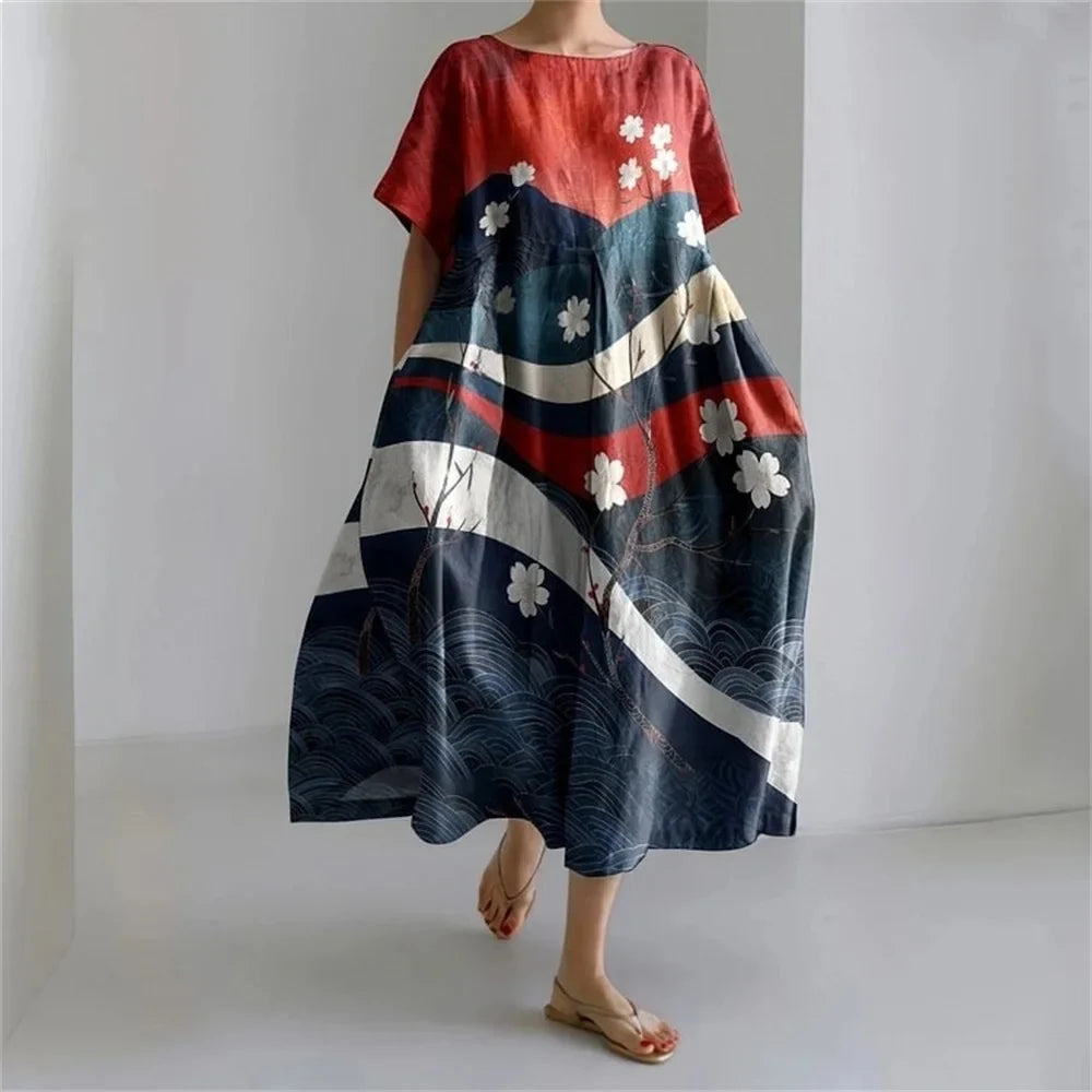 CM | Plus-Size Vestido de verano holgado con bolsillo y cuello en O Elegante vestido maxi de verano