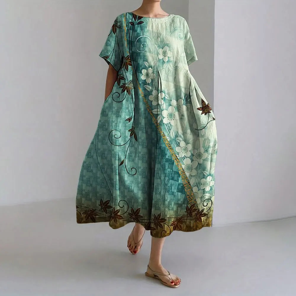 CM | Plus-Size Vestido de verano holgado con bolsillo y cuello en O Elegante vestido maxi de verano