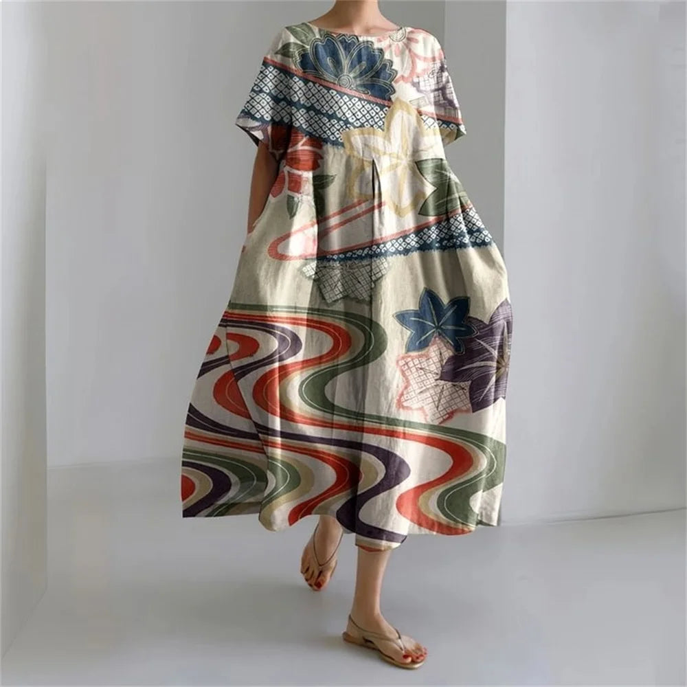 CM | Plus-Size Vestido de verano holgado con bolsillo y cuello en O Elegante vestido maxi de verano