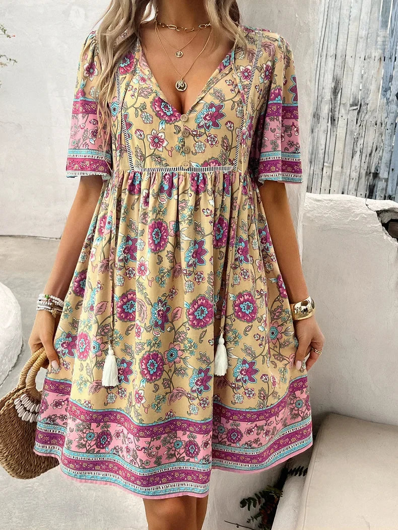 CM | Ariana™ Floral boho mini vestido con escote en V