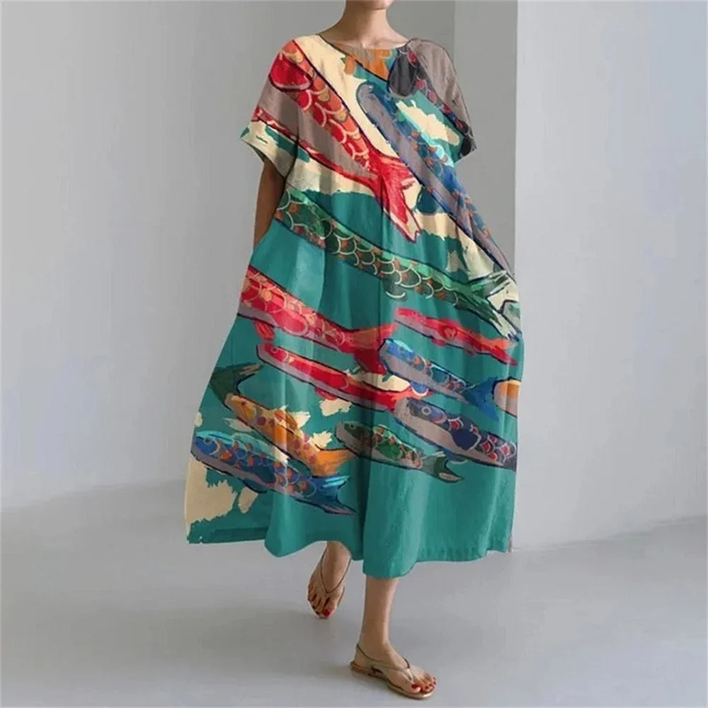 CM | Plus-Size Vestido de verano holgado con bolsillo y cuello en O Elegante vestido maxi de verano