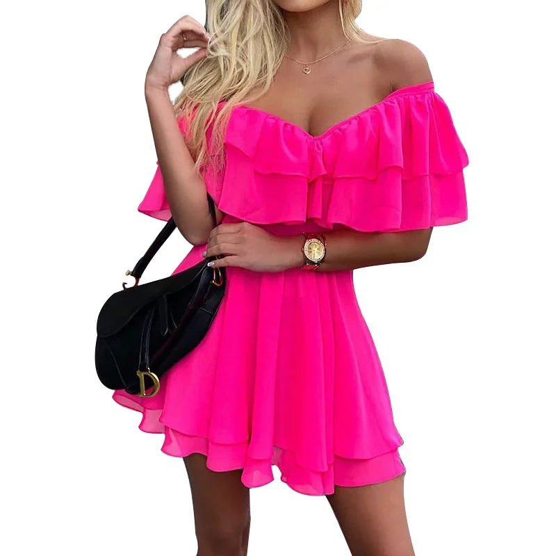 CM | Mujeres Vestido de Verano Manga Corta Off Shoulder Mini Vestido Ruffled A Line Beach Dress for Casual and Vacation Wear