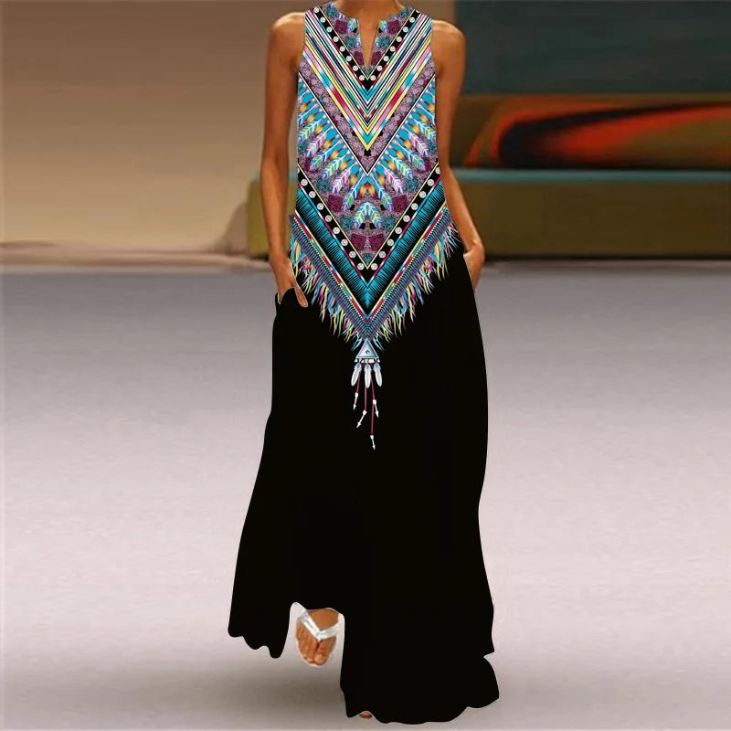 CM | Verano Sexy Maxi Vestidos Mujeres Sin Mangas Cuello en V Túnica Fiesta 2025 Retro Loose Beach Vestidos Y2k S-5XL