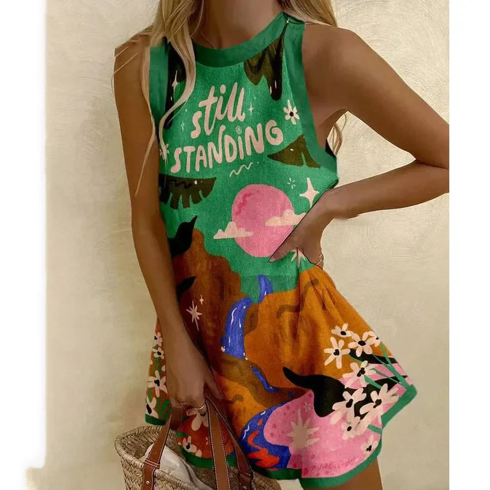 CM | Mujeres Puzzle Imprimir Verano Vestido Sin Mangas Sobre la Rodilla Mini Vestido Casual Tank Top Vestido de playa para las mujeres