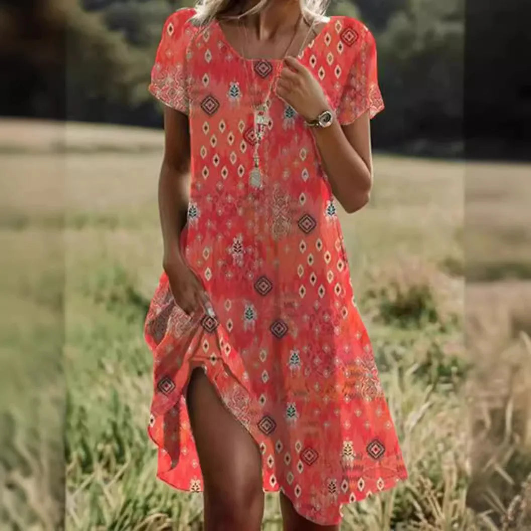 CM | Verano Bohemio Vestidos para Mujeres Cuello en V Manga Corta Estampado de Flores Vestido de Playa de Vacaciones Mujeres Maxi Vestidos Boho