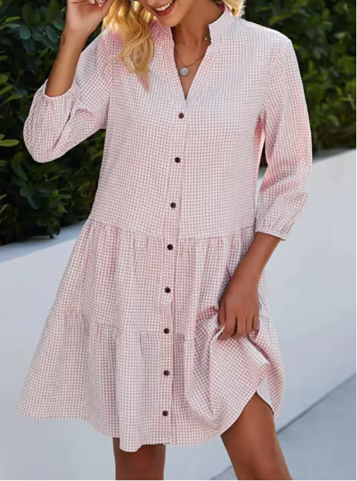 CM | Mini Vestido de Cuello en V Estilo Camisa Suelta para Mujer