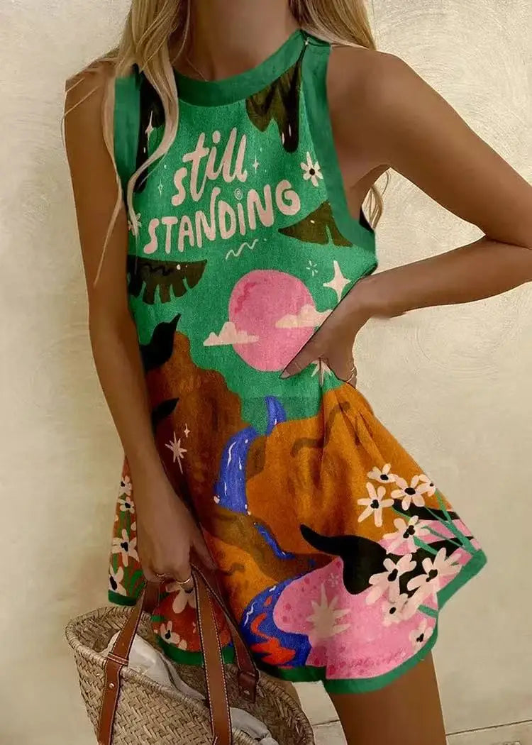 CM | Mujeres Puzzle Imprimir Verano Vestido Sin Mangas Sobre la Rodilla Mini Vestido Casual Tank Top Vestido de playa para las mujeres