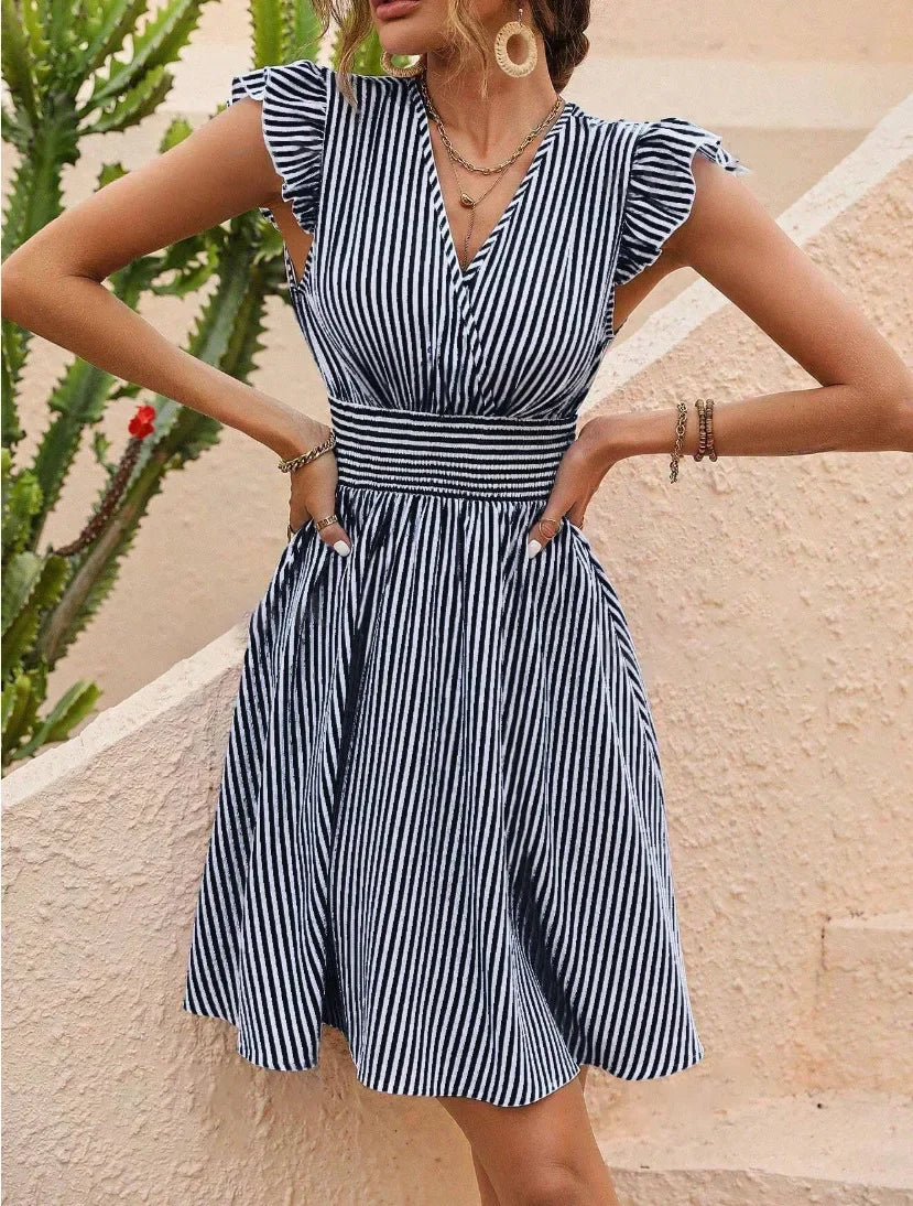 CM | Vestido de verano para mujer con rayas y mangas mariposa Mini vestido de vacaciones de moda en estilo europeo