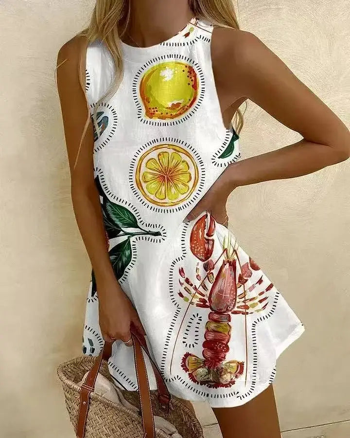 CM | Mujeres Puzzle Imprimir Verano Vestido Sin Mangas Sobre la Rodilla Mini Vestido Casual Tank Top Vestido de playa para las mujeres