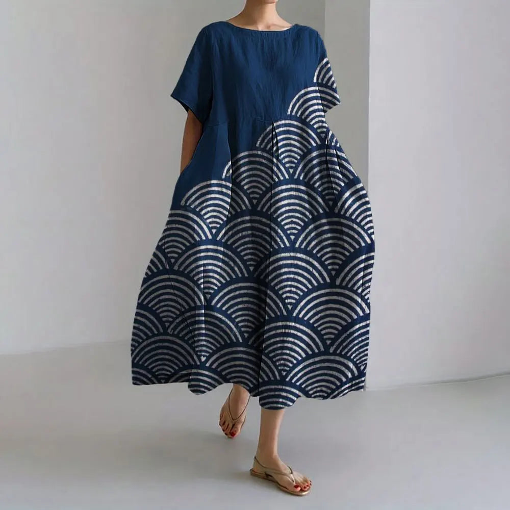 CM | Plus-Size Vestido de verano holgado con bolsillo y cuello en O Elegante vestido maxi de verano