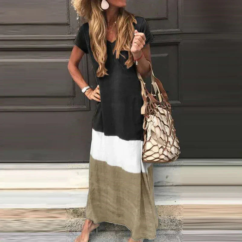 CM | 2024 moda cuello en v jersey de manga corta vestido boho