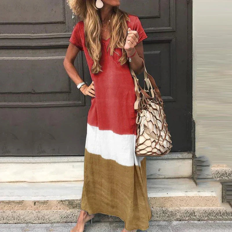 CM | 2024 moda cuello en v jersey de manga corta vestido boho
