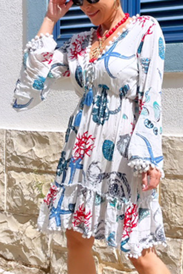 CM | Vestido Corto Manga Campana Cuello en V Coral Estrella de Mar