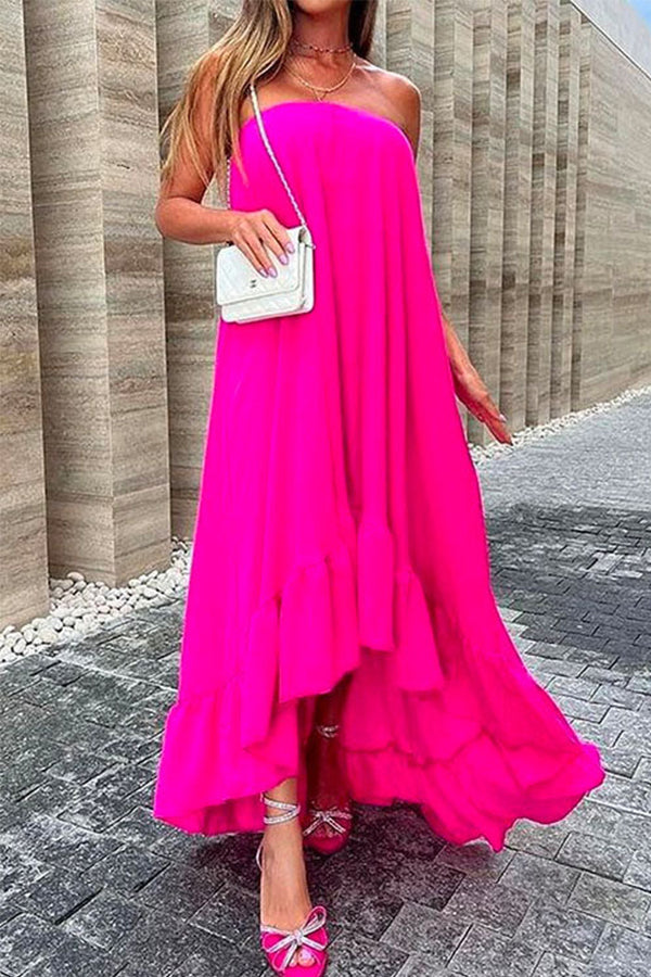 CM | Maxivestido sin mangas, sin hombros, irregular con volantes