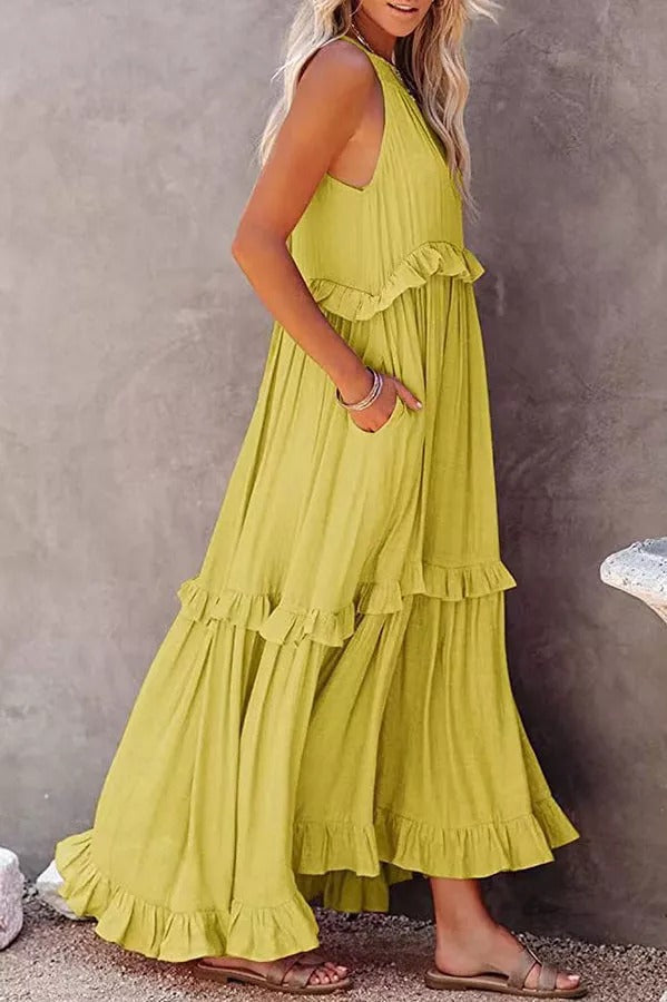 CM | Vittoria Vestido maxi halter fruncido con volantes