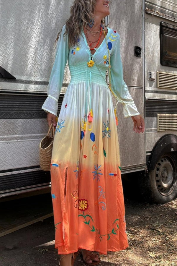 CM | Gigi Maxi Vestido con Flecos y Cintura Elástica con Estampado Degradado y Diseño Único