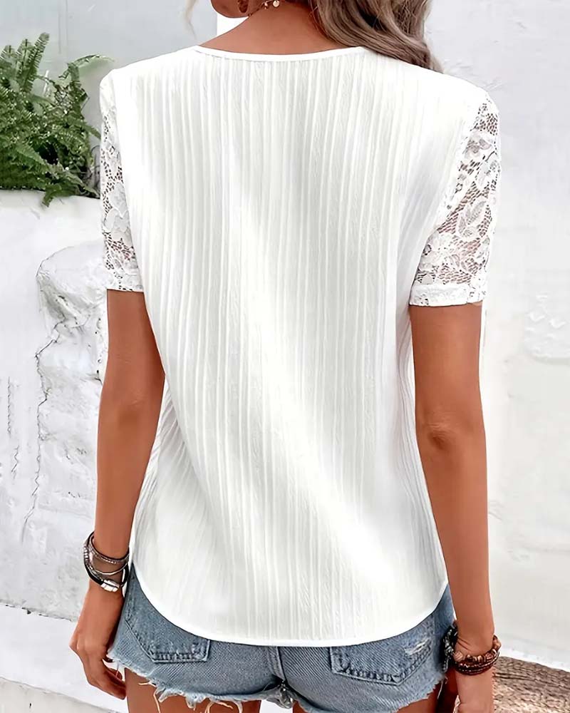 CM | Blusa con cuello en V, monocolor, con costura de encaje