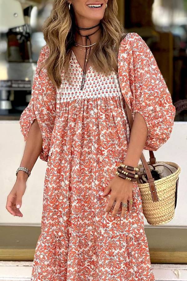 CM | Boheme Lifestyle maxi vestido estampado con mangas abullonadas sueltas