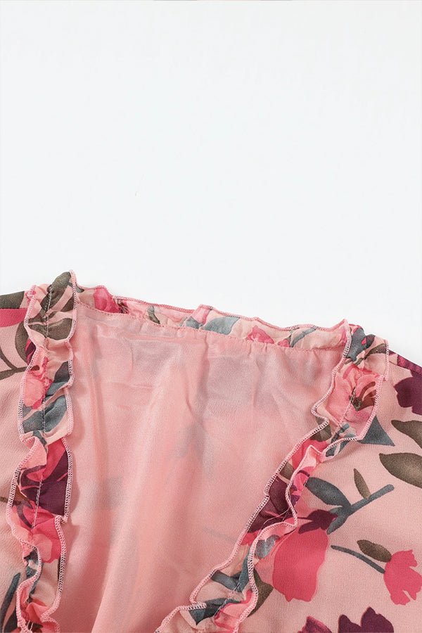 CM | maxi vestido escotado con volantes y estampado floral en rojo pastel