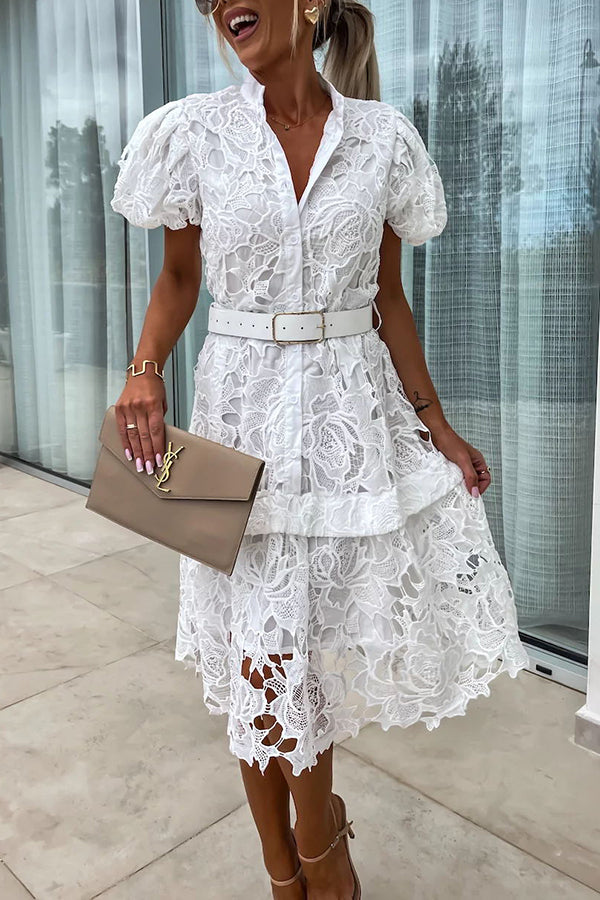 CM | Absolutamente Elegante Floral Crochet Encaje Puff Manga Cinturón Camisa Vestido Midi
