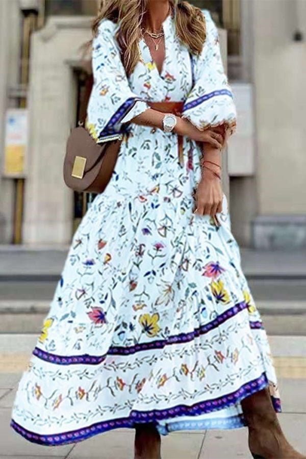 CM | Maxi Vestido de Manga Larga con Botones en Línea A Estampado Sabor Lavanda