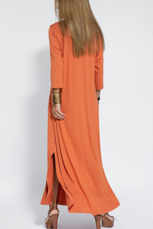 CM | moda color sólido cuello en v manga tres cuartos vestido largo de punto hendidura