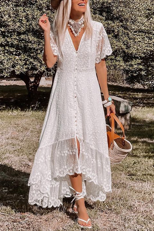 CM | Vestido entallado con cuello en V Vestido midi de encaje floral