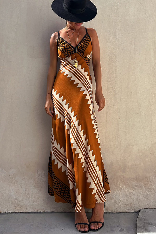 CM | Always Falling Vestido midi de satén con estampado étnico y espalda fruncida