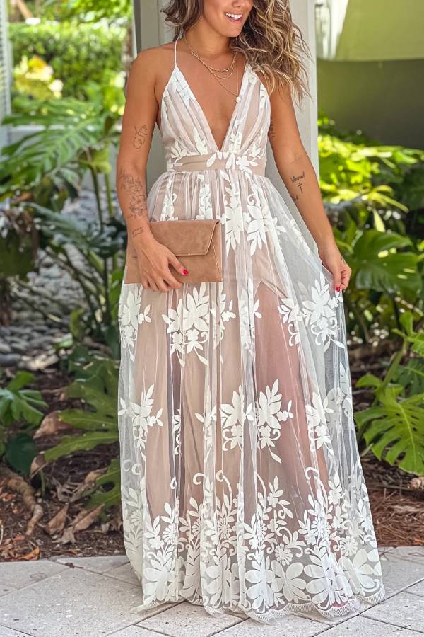 CM | Maxi Vestido de Tul Floral con Espalda Cruzada Blanco y Beige