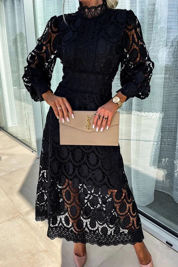 CM | Romántico, Sensual y Elegante Vestido Midi de Encaje de Crochet con Manga Farol de Fiesta