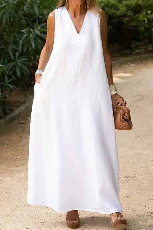 CM | Vestido largo sin mangas de algodón y lino blanco con un profundo escote en V