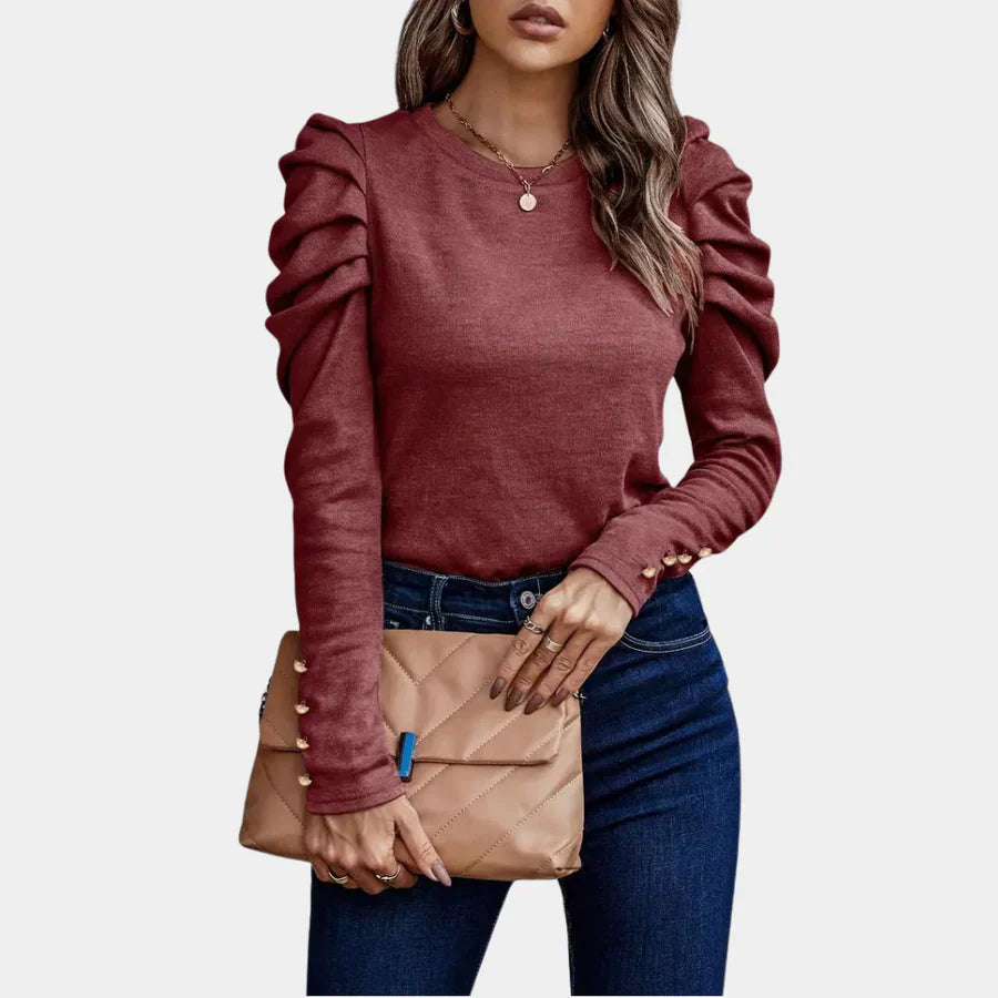 CM | Alva Blusa lisa de mujer con mangas abullonadas