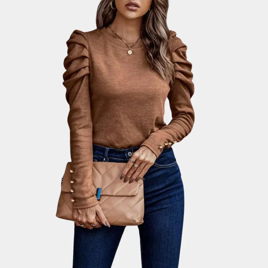 CM | Alva Blusa lisa de mujer con mangas abullonadas