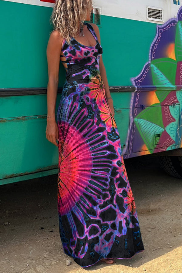 CM | La Bamba maxi vestido elástico con lazada en la espalda y estampado tie-dye