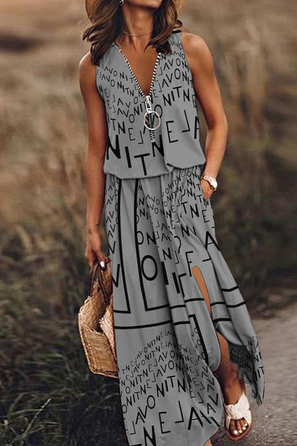 CM | Vestido largo sin mangas mujeres casuales cintura cremallera carta vestido