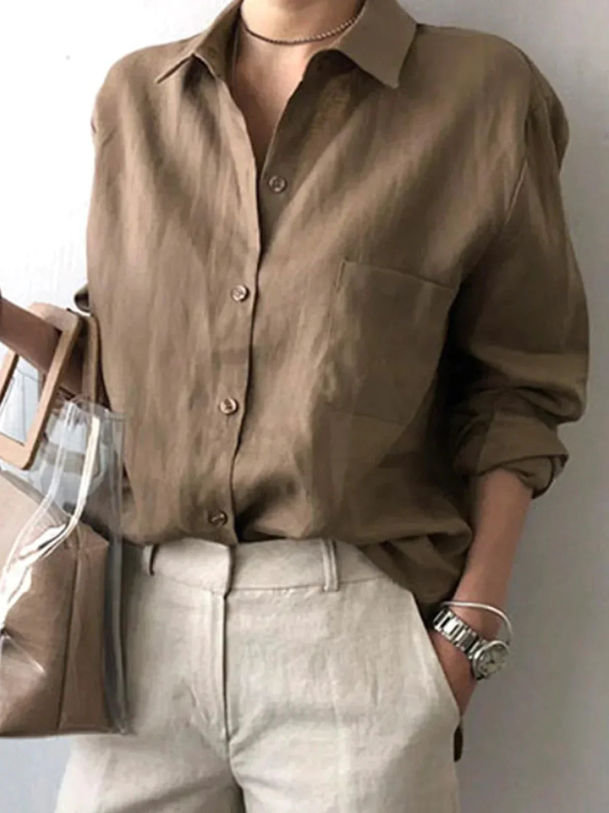 CM señoras camisa de algodón primavera suelta liso cuello camisa blusa casual