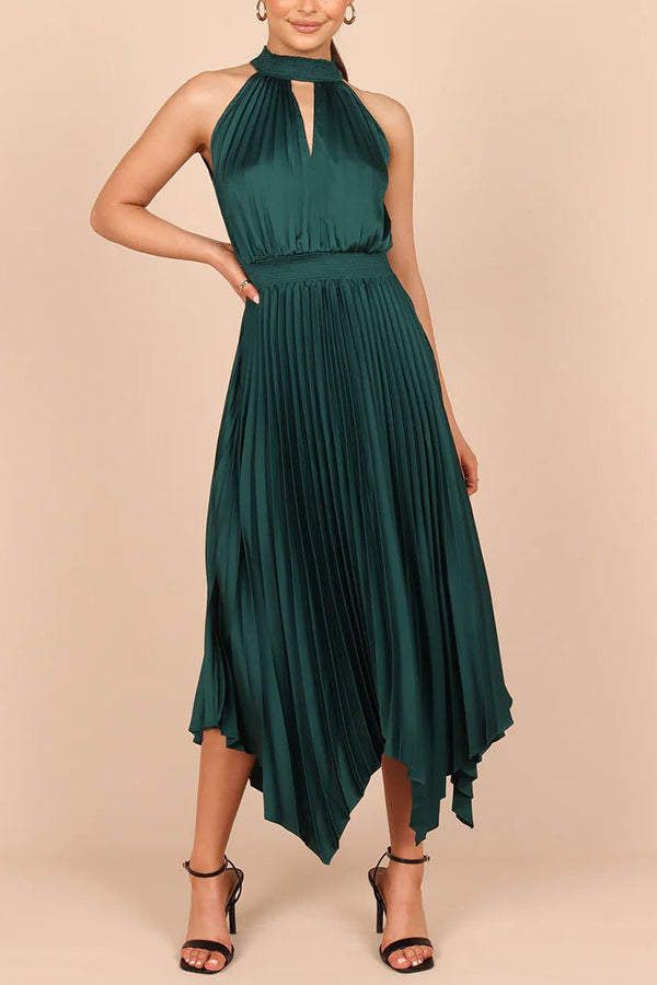 CM | Luxe Look Satén Plisado Halter Cintura Elástica Vestido Midi