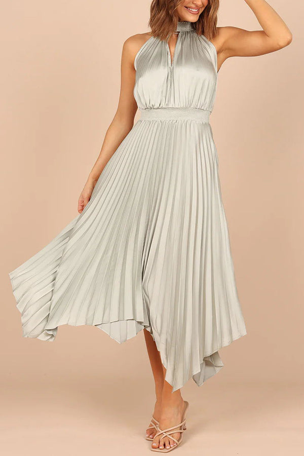 CM | Luxe Look Satén Plisado Halter Cintura Elástica Vestido Midi