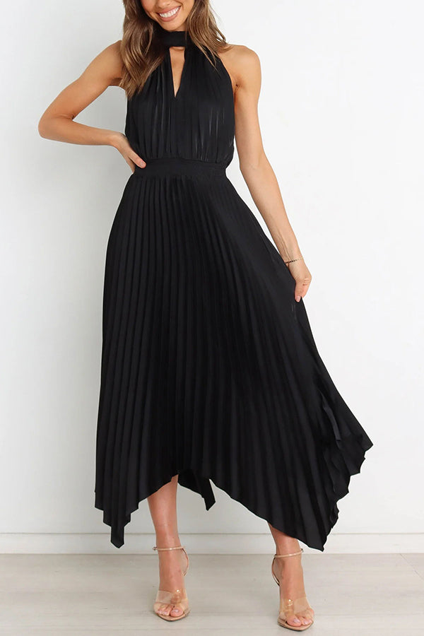CM | Luxe Look Satén Plisado Halter Cintura Elástica Vestido Midi