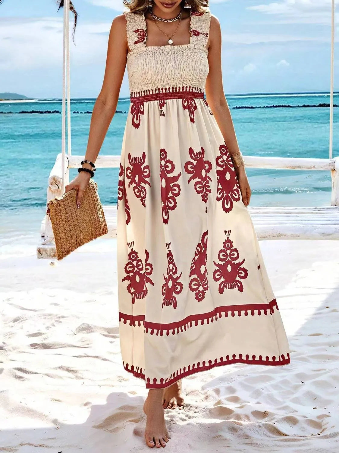 CM | maxi vestido estampado con tirantes anchos y fruncidos