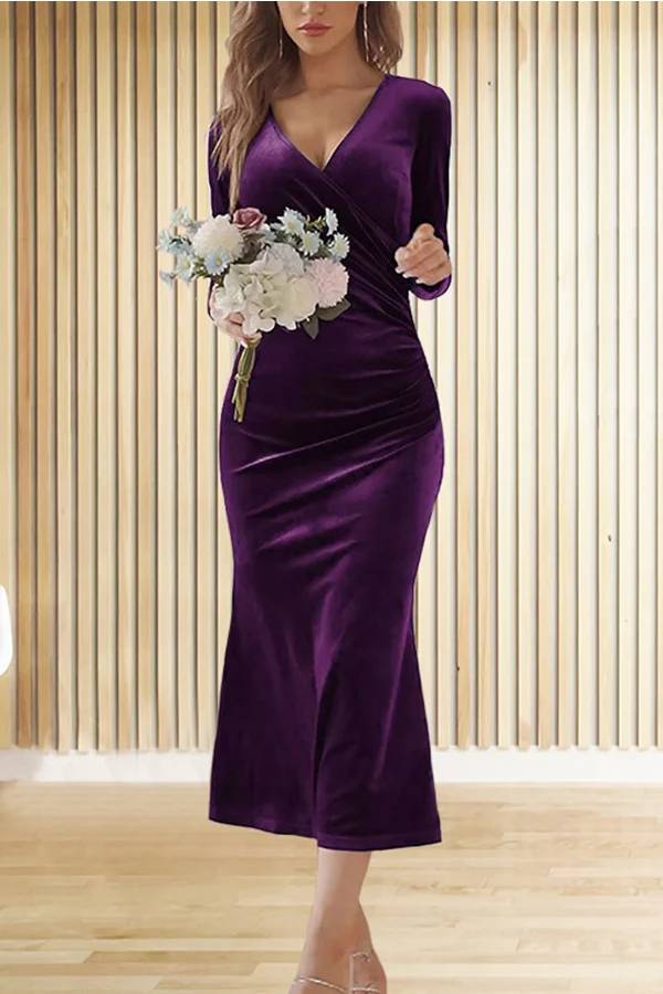 CM | Terciopelo Sólido Manga Larga Cuello en V Slim Fit Fishtail Maxi Vestido