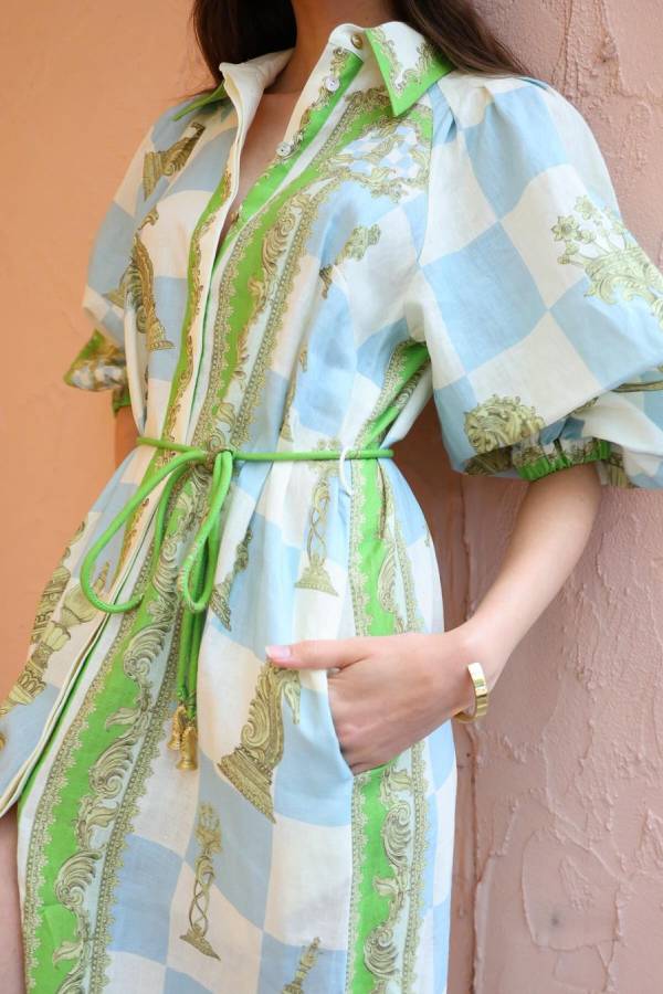 CM | Unique Vestido midi camisero estampado de manga larga con bolsillo con cordón