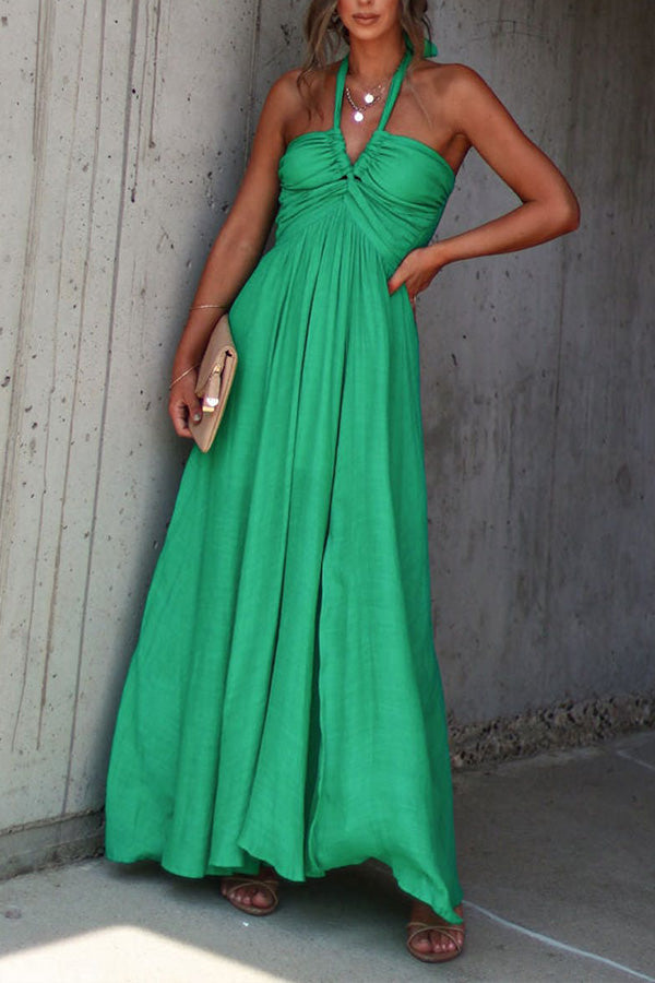 CM | Elmhurst Maxi vestido verde con escote halterneck plisado