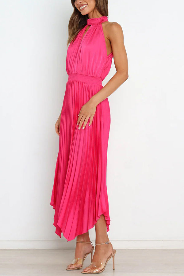 CM | Luxe Look Satén Plisado Halter Cintura Elástica Vestido Midi
