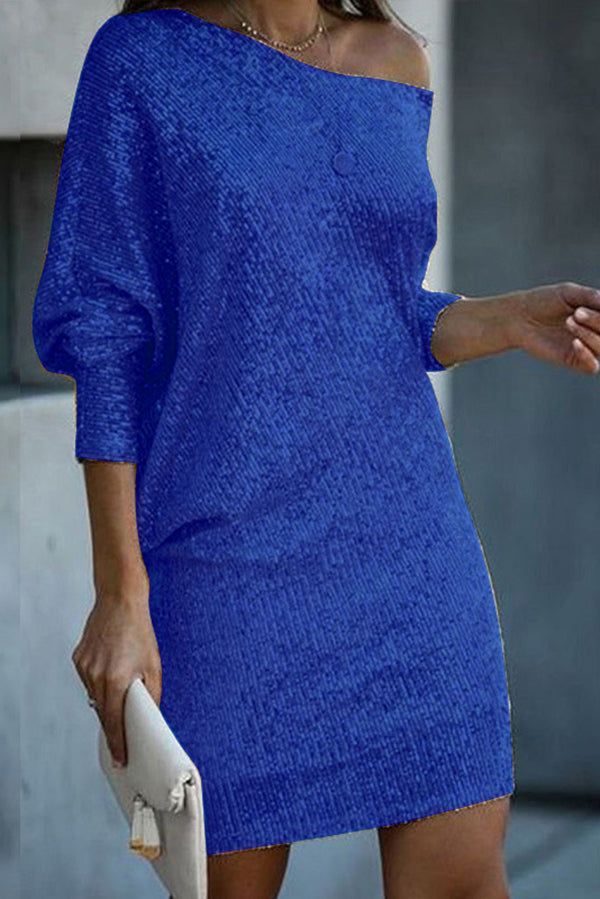 CM | Lentejuelas Sólido Off-shoulder Mini Vestido Suelto