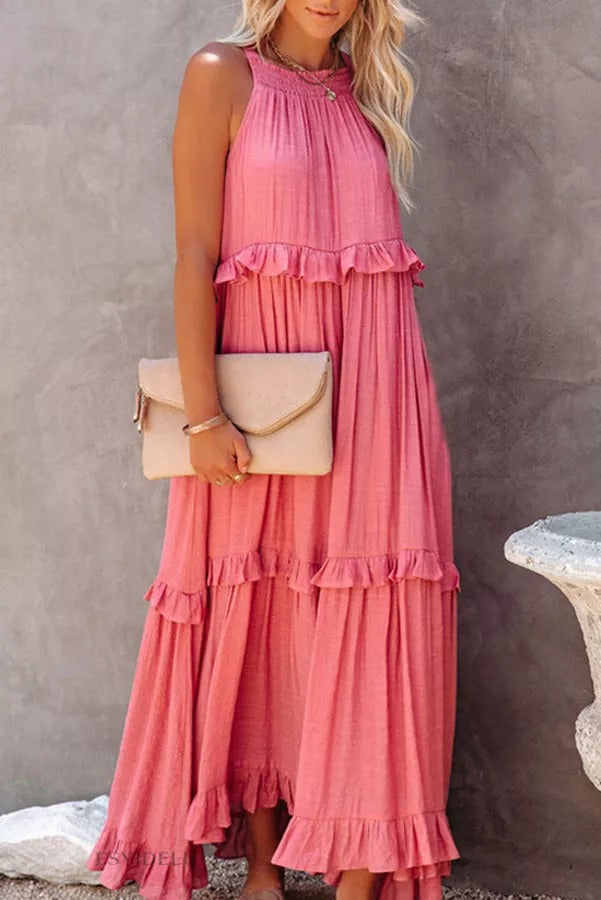 CM | Vittoria Vestido maxi halter fruncido con volantes